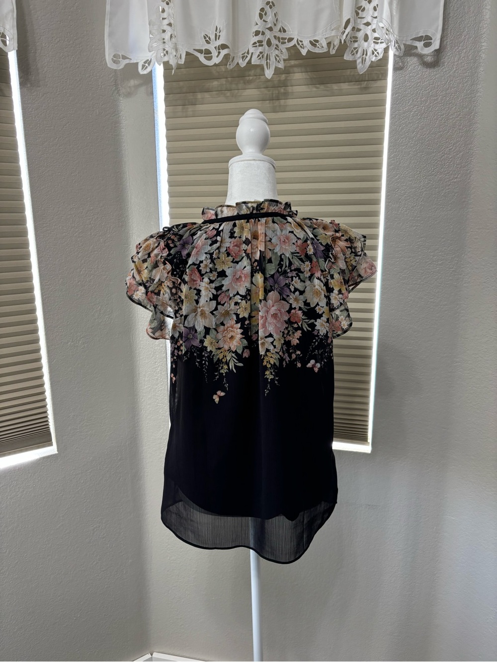 Joie Black Floral Chiffon Ruffle Tie Neck Blouse - Picture 2 of 4